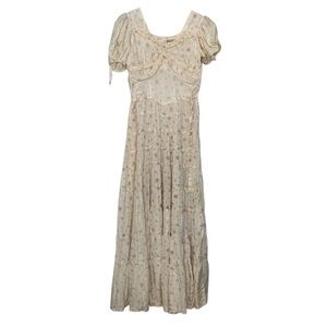 Vintage 30s Baby Pink Creme Tiered Puff Sleeve Maxi Dress Gown Ruffle Accent